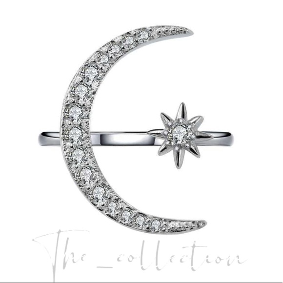 CRESCENT MOON STAR ADJUSTABLE OPEN RING IN SILVER - Picture 4 of 4